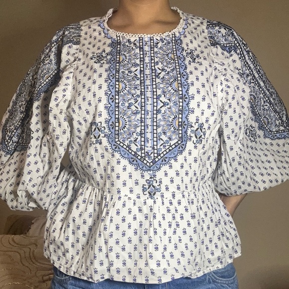 Anthropologie Tops - Anthropologie Bohemian Blue and White Women's Top